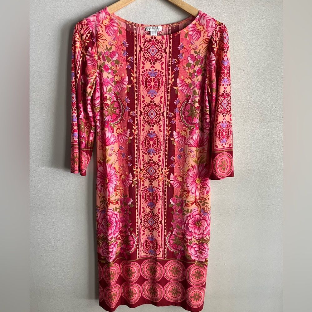 London Times Pink Floral Mosaic Shift Dress Stretch 3/4 Sleeve Size S